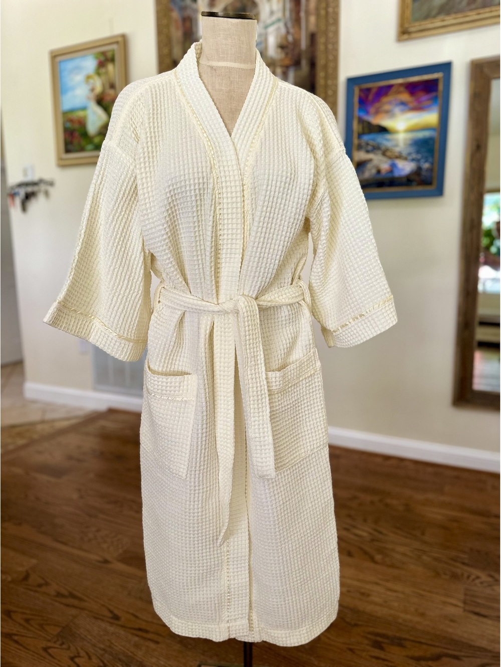 Unisex Waffle-Weave Cream Color Kimono Bathrobe 100% Turkish Cotton Brand New